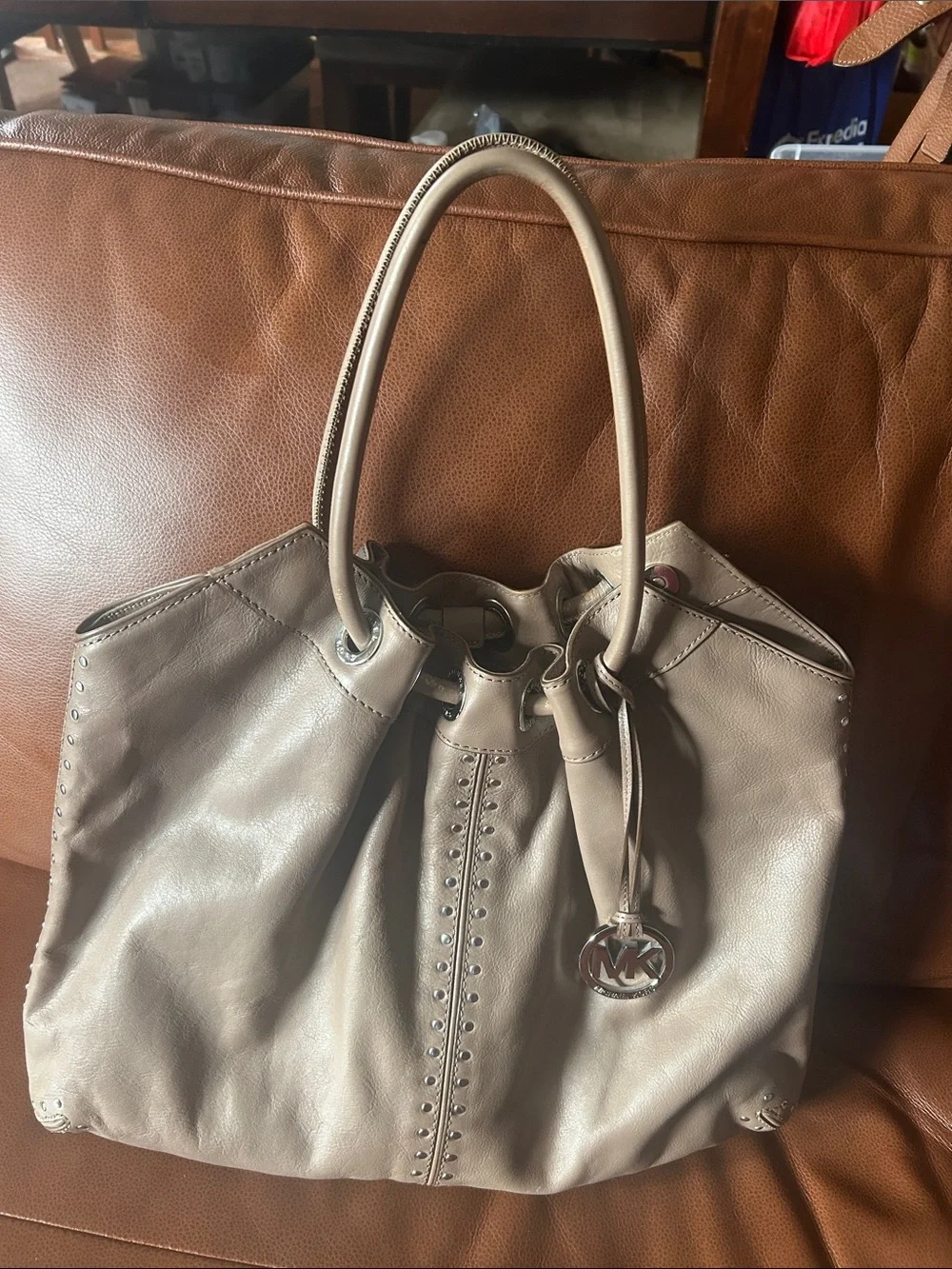 Michael Kors Taupe Leather Studded Drawstring Tote